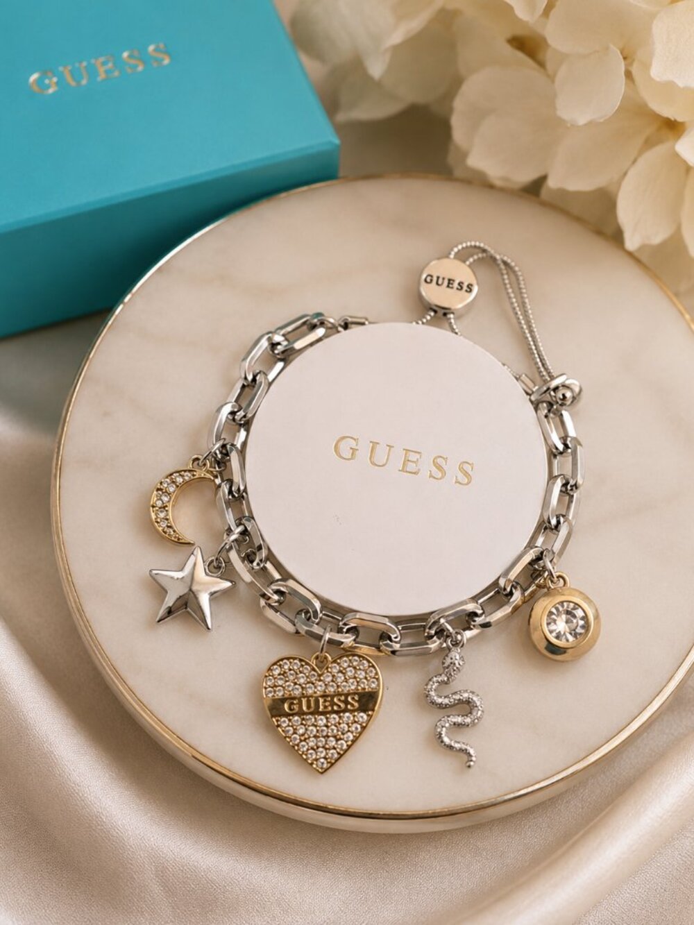 ✨ GUESS Silver Charm Bracelet – Adjustable